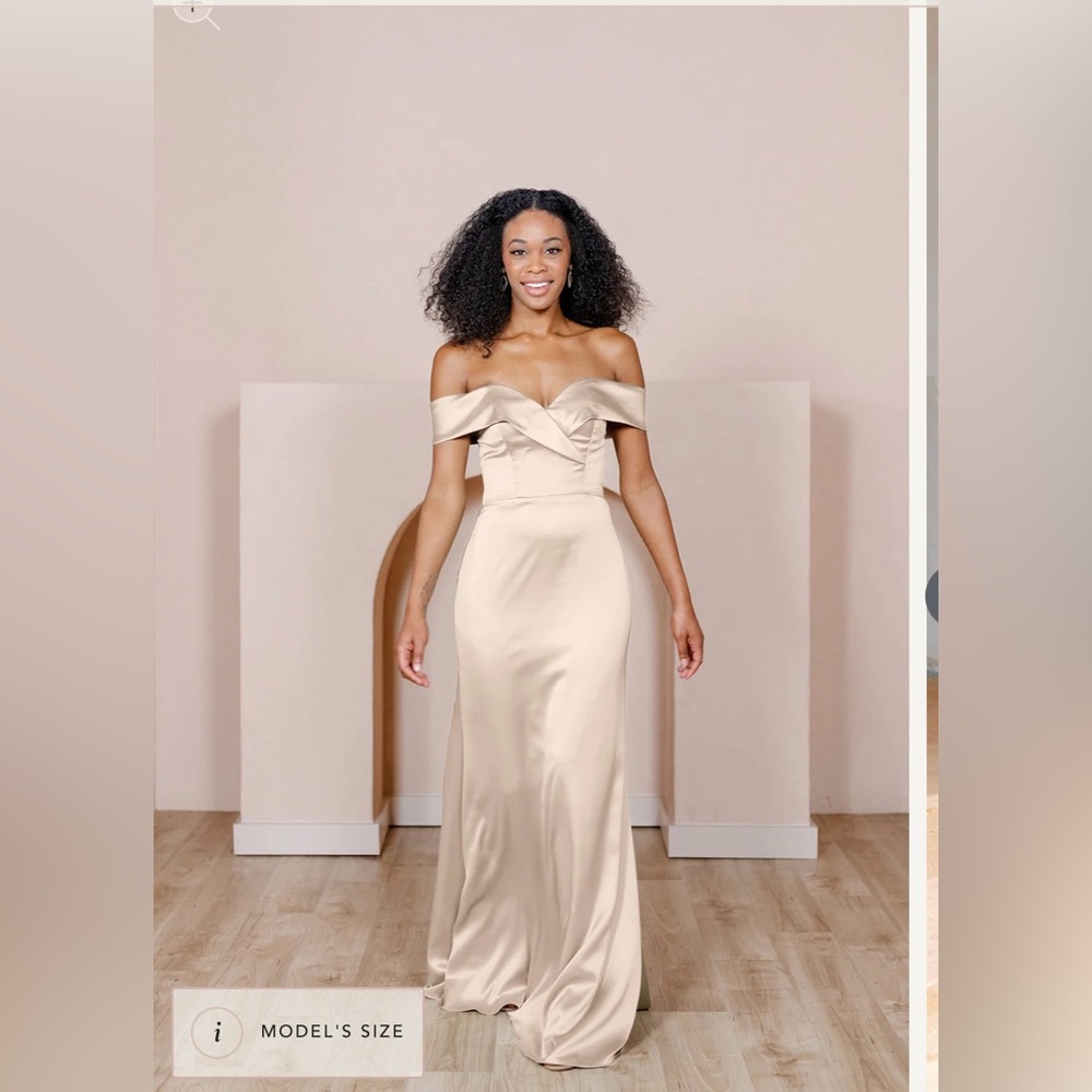 NWT Never worn Revelry Bardot Satin Dress - Gold Champagne 703